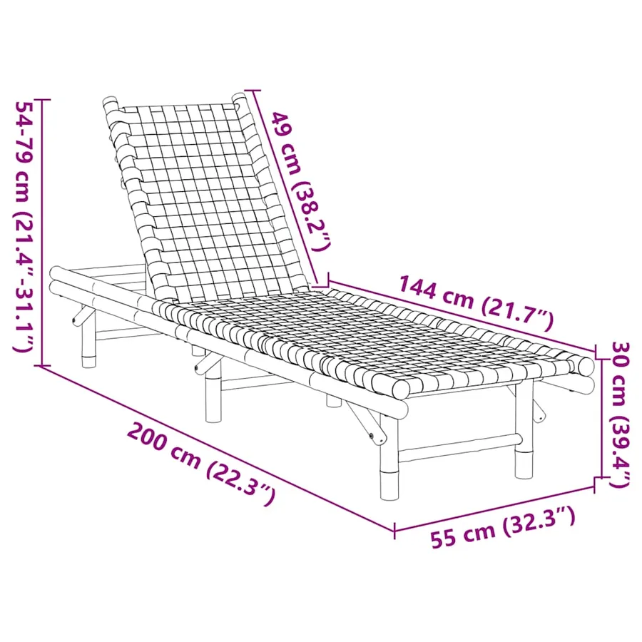 Transat en bambou avec sangles tissées noires 55 x 200 x 30 cm - 12