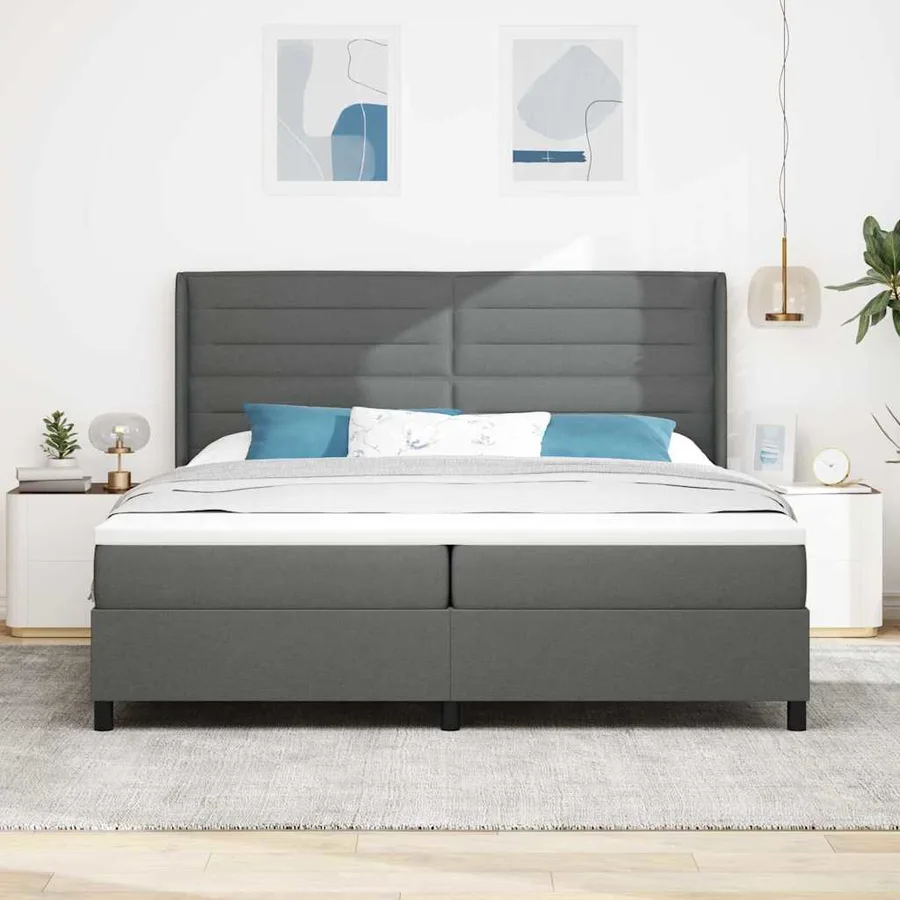 Lit à ressorts avec matelas Gris foncé 200 x 200 cm tissu - 3