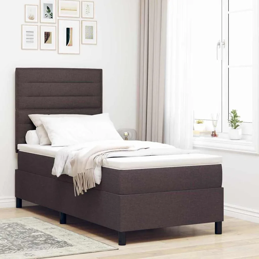 Lit à ressorts avec matelas Marron foncé 100 x 200 cm tissu