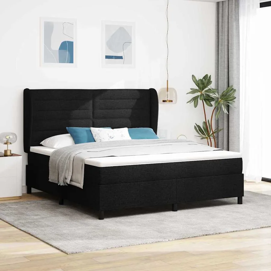 Lit à ressorts avec matelas Noir 180 x 200 cm tissu