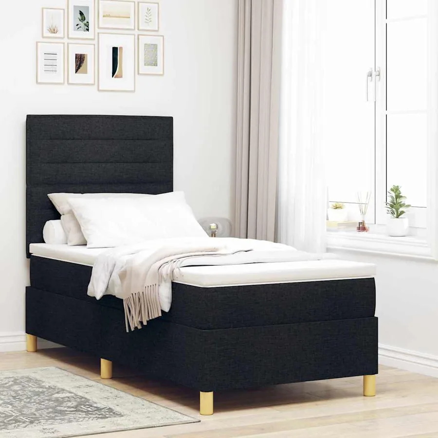 Lit à ressort LED avec matelas Noir 90 x 190 cm tissu