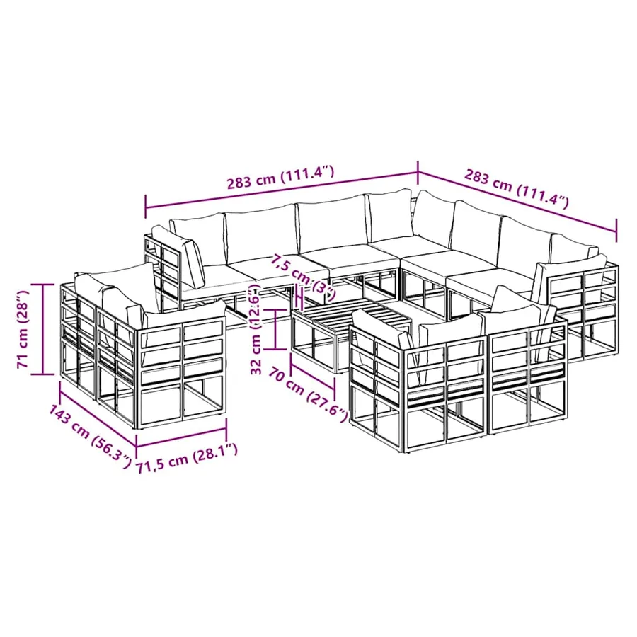 Ensemble de canapé de jardin avec coussin 12 pcs Noir Aluminium - 12