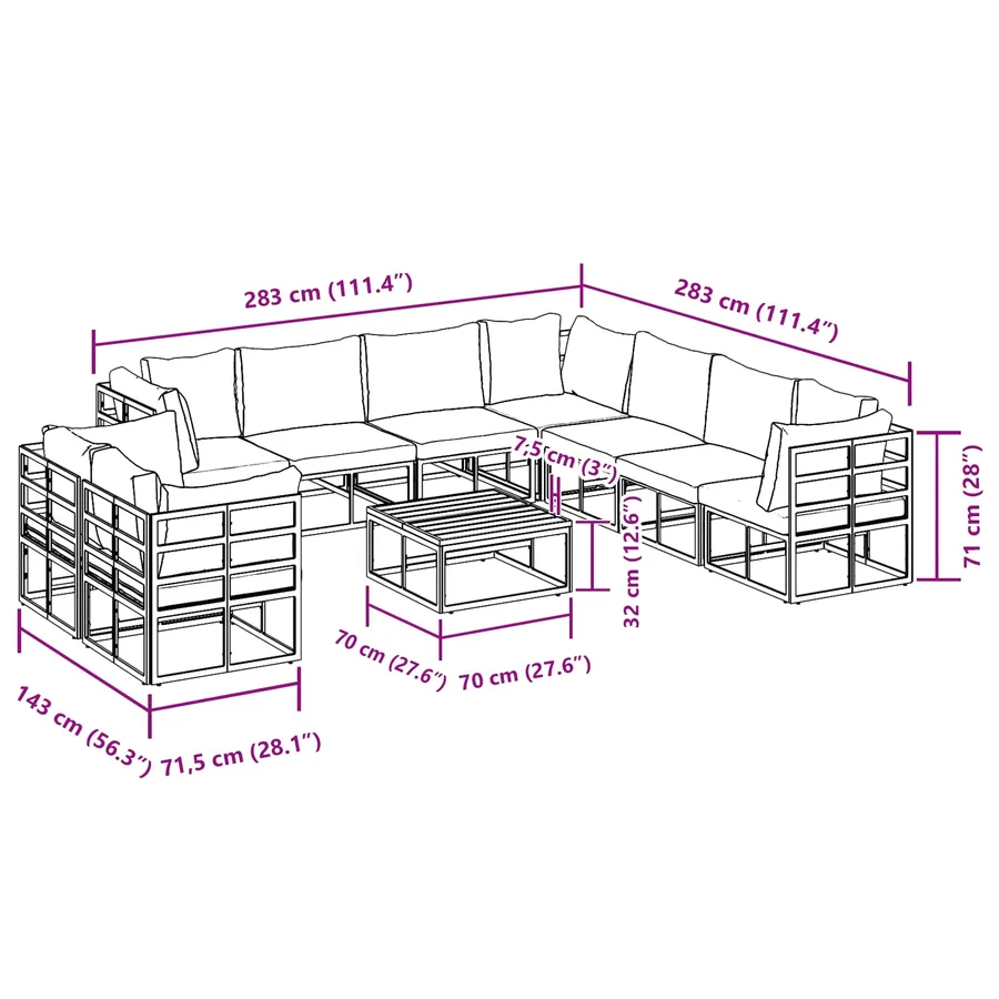 Ensemble de canapé de jardin avec coussin 10 pcs Noir Aluminium - 14