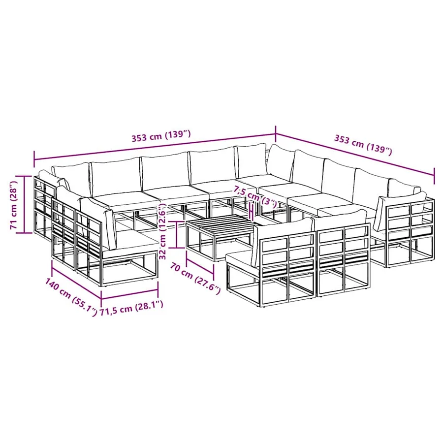 Ensemble de canapé de jardin avec coussin 14 pcs Noir Aluminium - 14