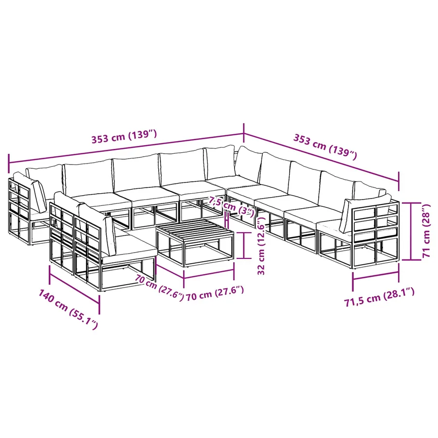 Ensemble de canapé de jardin avec coussin 12 pcs Noir Aluminium - 14