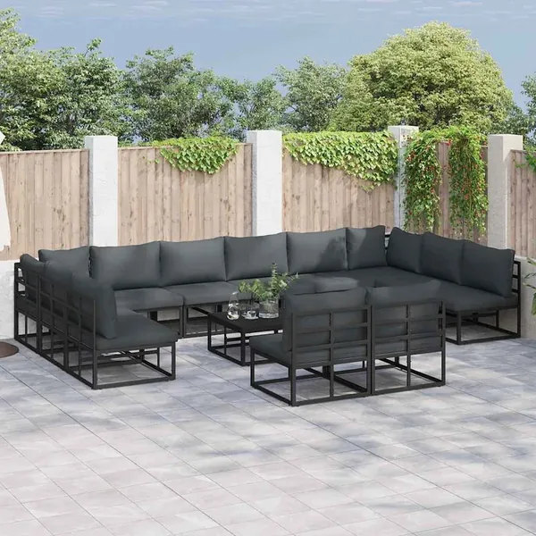 Ensemble de canapé de jardin avec coussin 13 pcs Noir Aluminium
