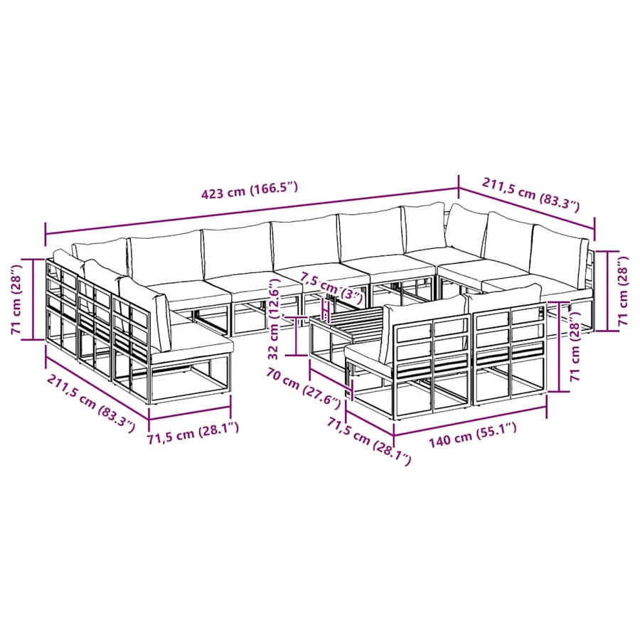Ensemble de canapé de jardin avec coussin 13 pcs Noir Aluminium - 12