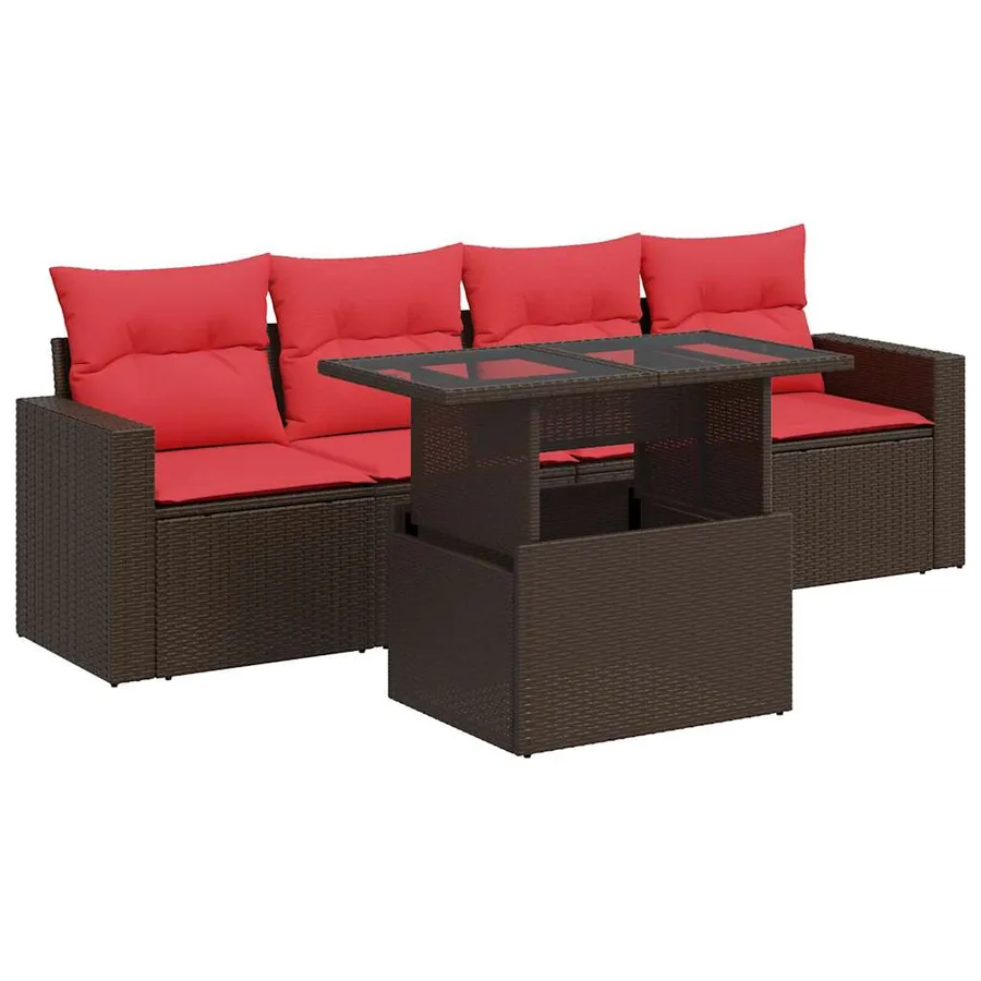 Salon de jardin avec coussins 5pcs marron résine tressée acacia - 2