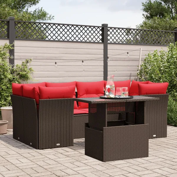 Ensemble de canapé de jardin 7 pcs avec coussins marron résine tressée