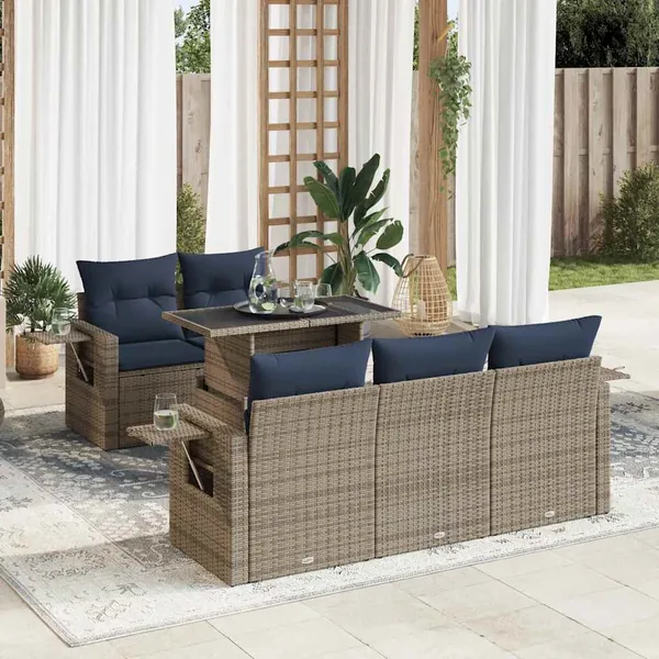 Salon de jardin 6 pcs avec coussins gris résine tressée
