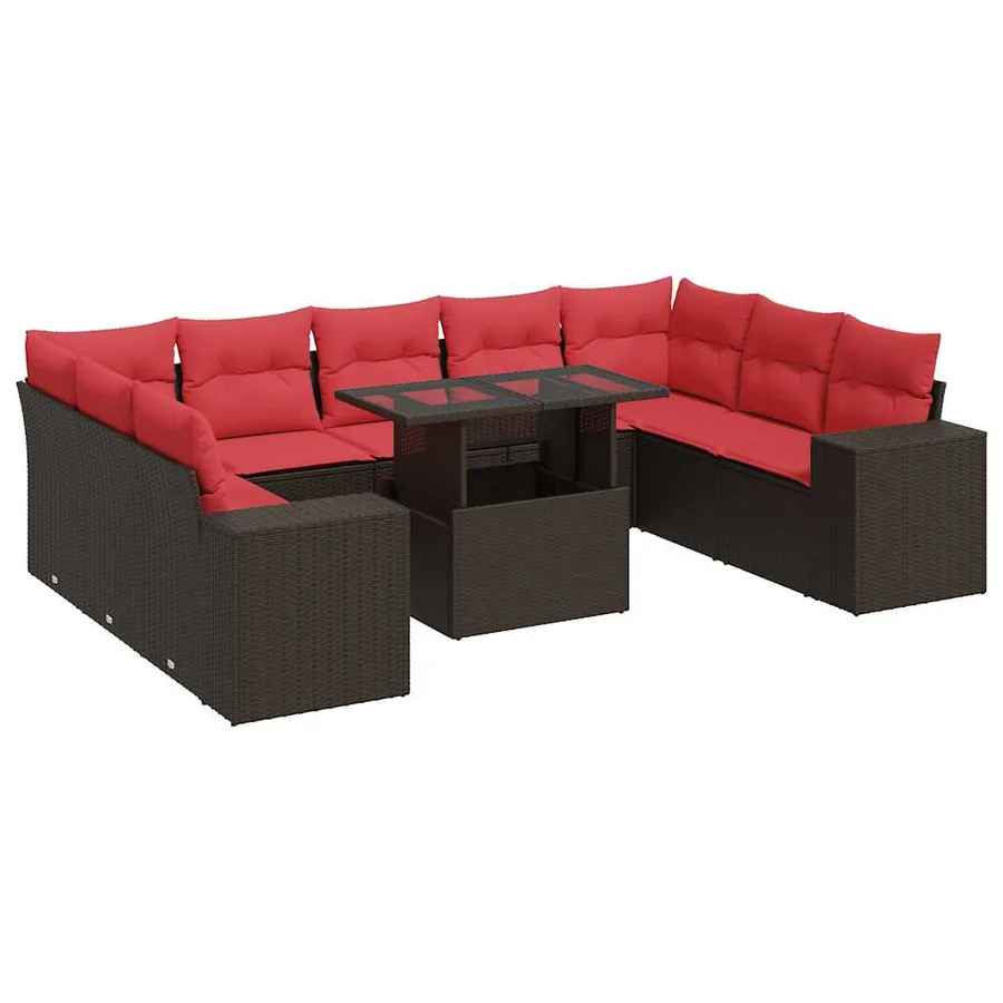 Salon de jardin 10 pcs et coussins marron résine tressée acacia - 2