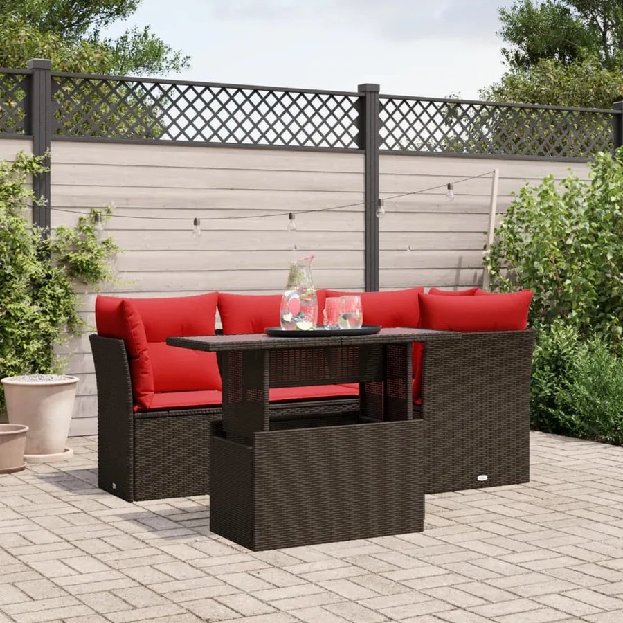 Ensemble de canapé de jardin 5 pcs avec coussins marron résine tressée