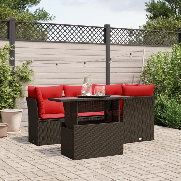 Ensemble de canapé de jardin 5 pcs avec coussins marron résine tressée