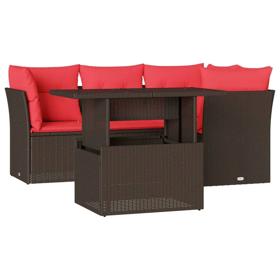 Ensemble de canapé de jardin 5 pcs avec coussins marron résine tressée - 2