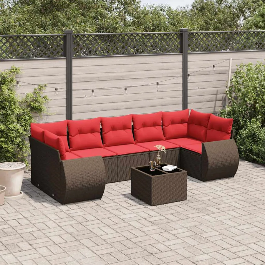 Ensemble de canapé de jardin 8 pcs avec coussins marron résine tressée