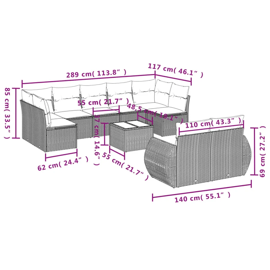 Ensemble de canapé de jardin 10 pcs avec coussins marron résine tressée - 8