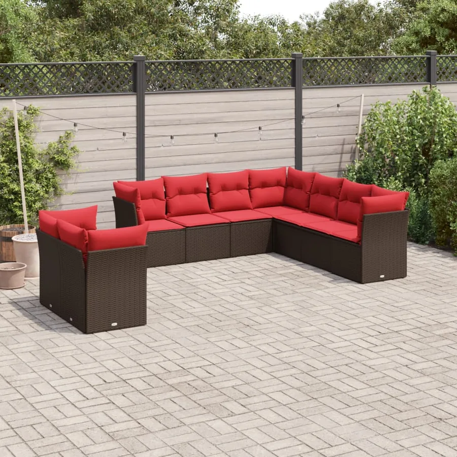 Ensemble de canapé de jardin 9 pcs avec coussins marron résine tressée