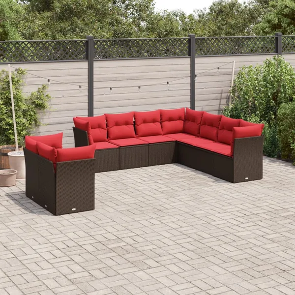 Ensemble de canapé de jardin 9 pcs avec coussins marron résine tressée