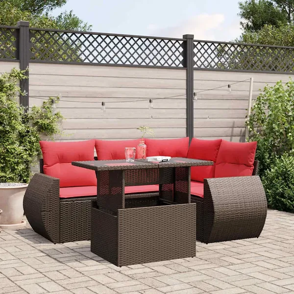 Ensemble de canapé de jardin 5 pcs avec coussins marron résine tressée
