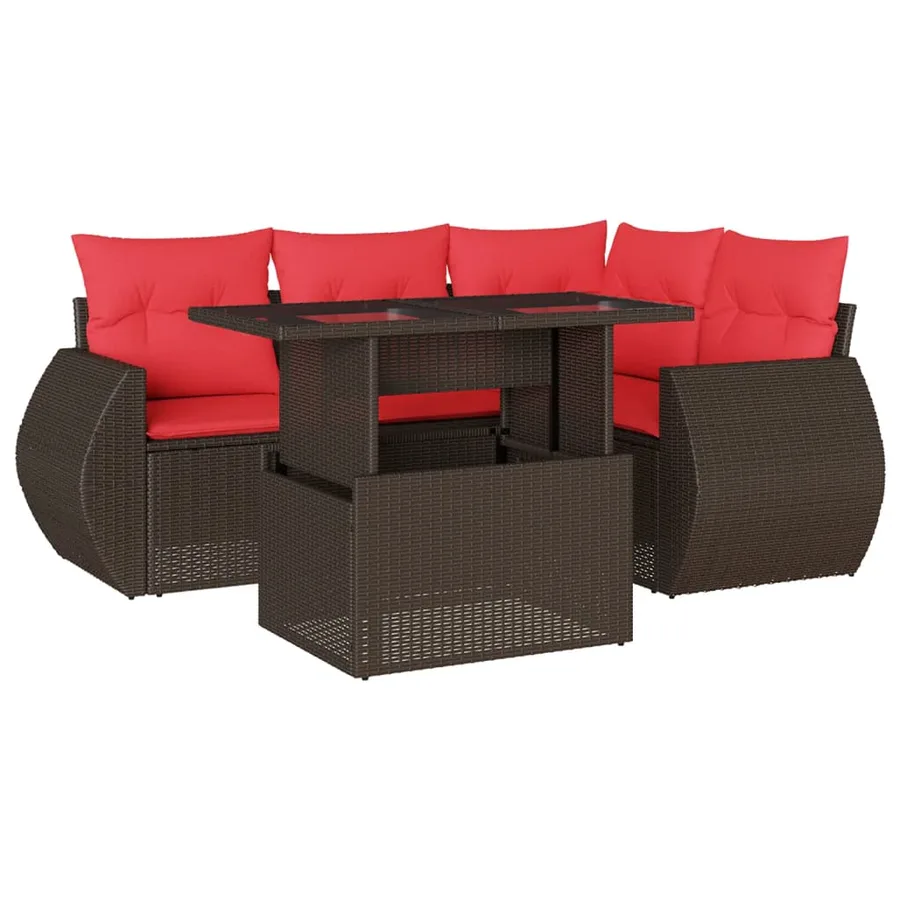 Ensemble de canapé de jardin 5 pcs avec coussins marron résine tressée - 2