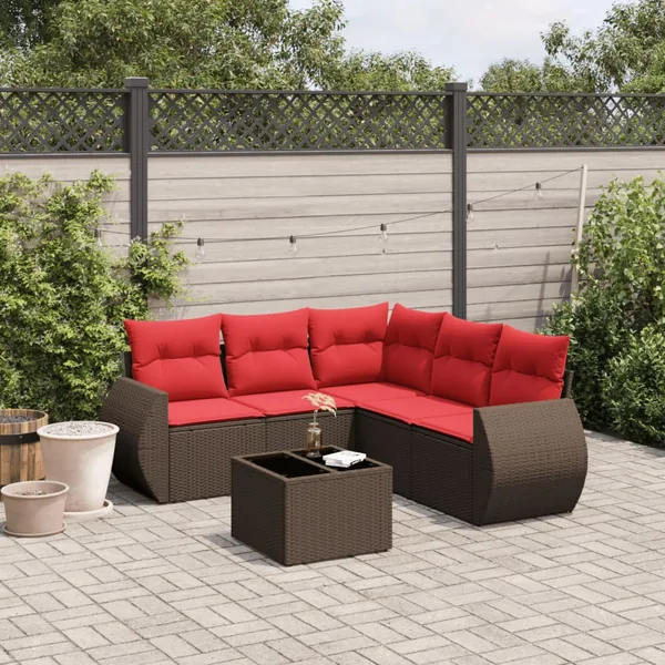 Ensemble de canapé de jardin 6 pcs avec coussins marron résine tressée