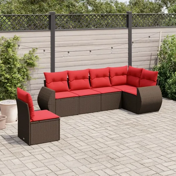 Ensemble de canapé de jardin 6 pcs avec coussins marron résine tressée