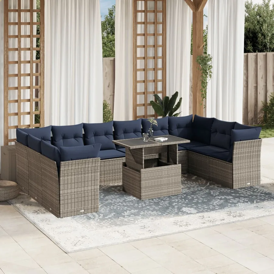 Ensemble de canapé de jardin 11 pcs avec coussins gris résine tressée