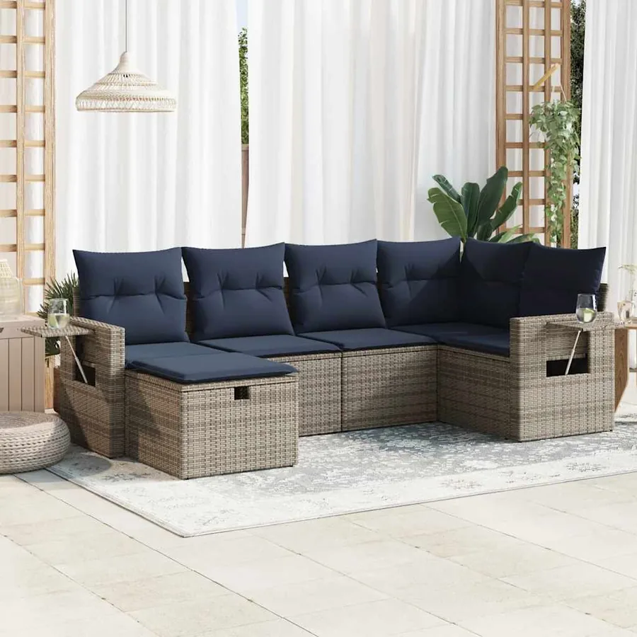 Salon de jardin 6 pcs avec coussins gris résine tressée