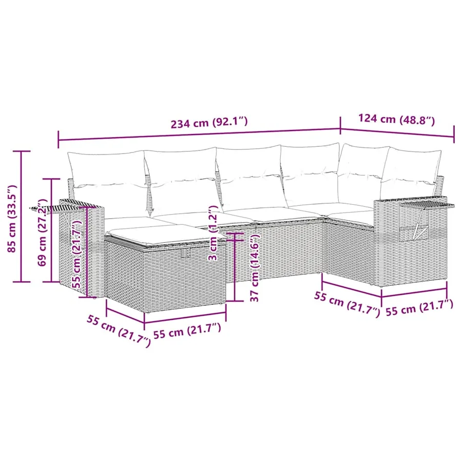 Salon de jardin 6 pcs avec coussins gris résine tressée - 14