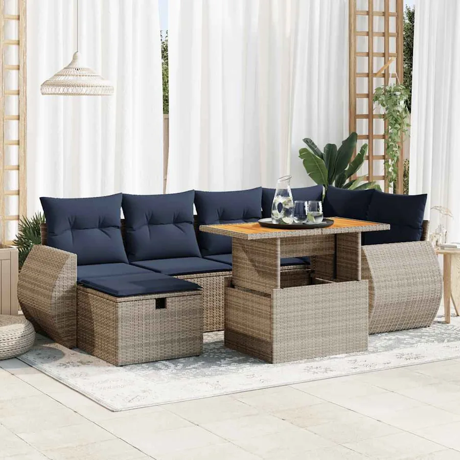 Salon de jardin avec coussins 7pcs marron résine tressée acacia