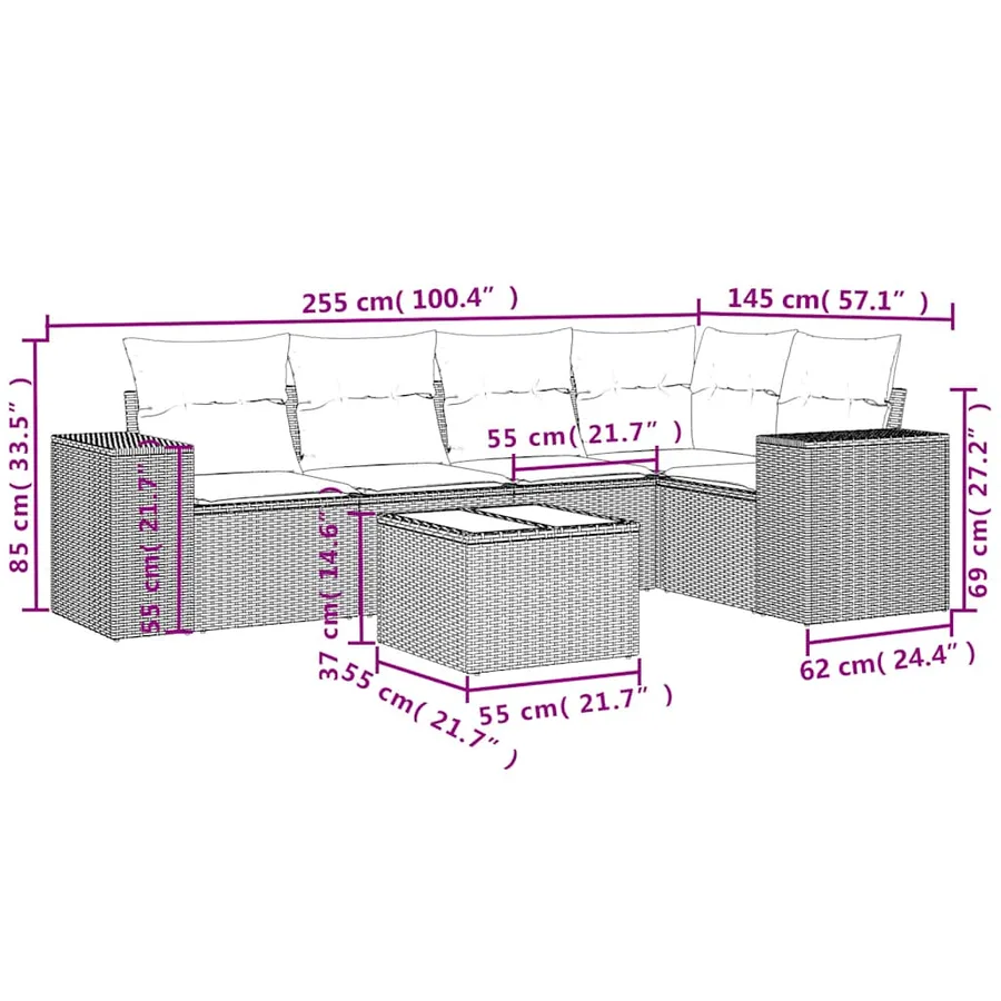 Ensemble de canapé de jardin 6 pcs avec coussins gris résine tressée - 8