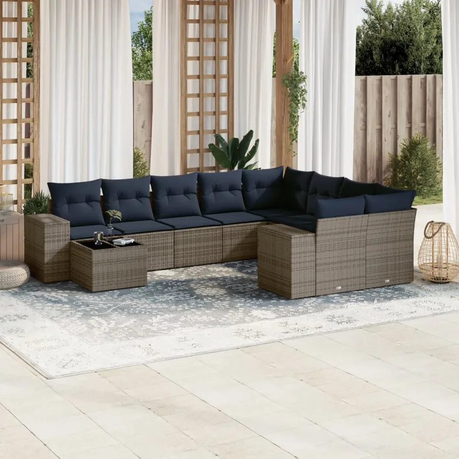 Ensemble de canapé de jardin 10 pcs avec coussins gris résine tressée
