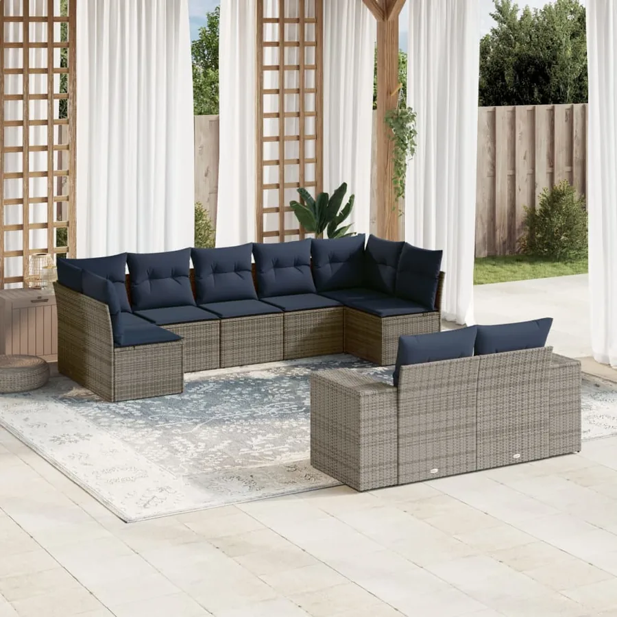 Ensemble de canapé de jardin 9 pcs avec coussins gris résine tressée