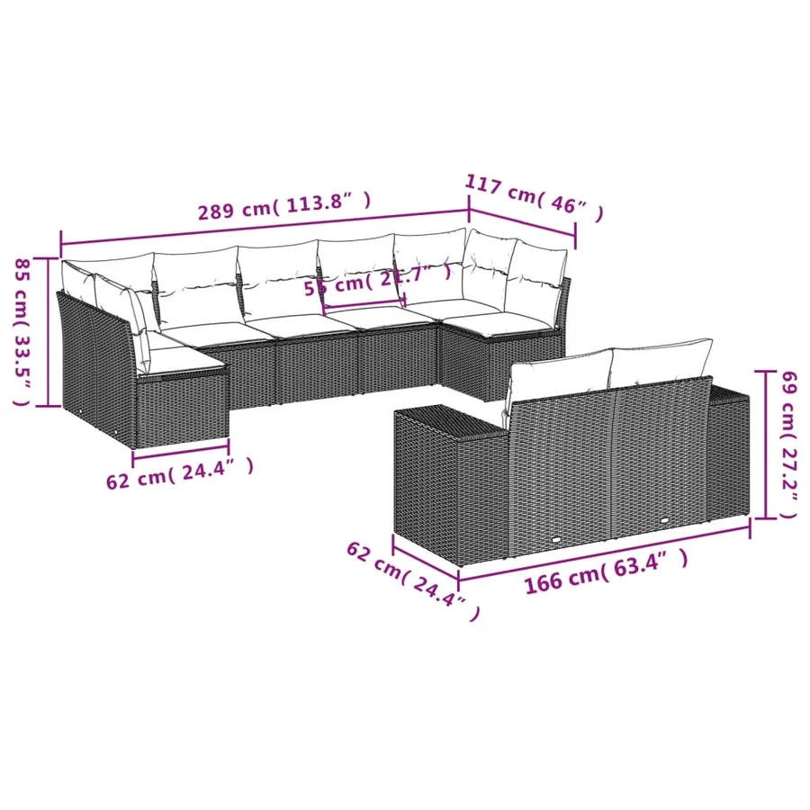 Ensemble de canapé de jardin 9 pcs avec coussins gris résine tressée - 7