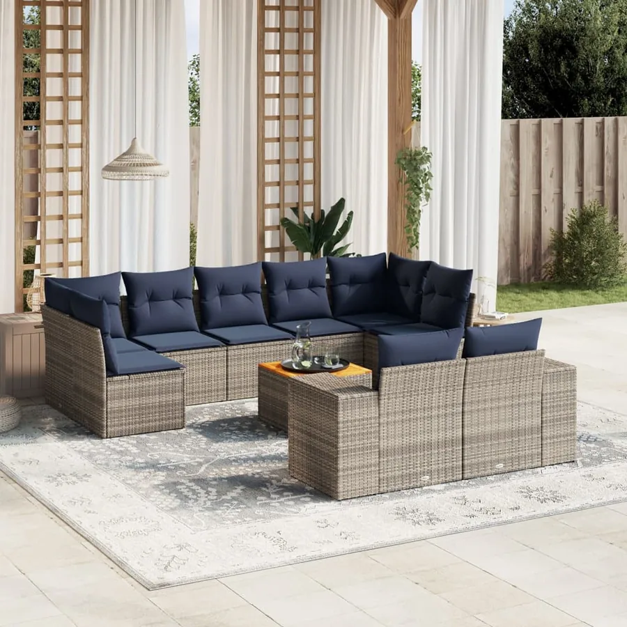 Ensemble de canapé de jardin 10 pcs avec coussins gris résine tressée