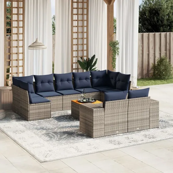 Ensemble de canapé de jardin 10 pcs avec coussins gris résine tressée