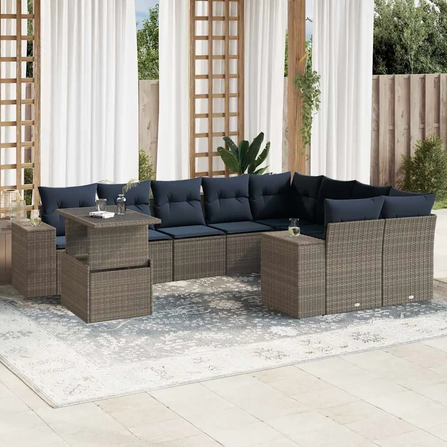 Ensemble de canapé de jardin 10 pcs avec coussins gris résine tressée