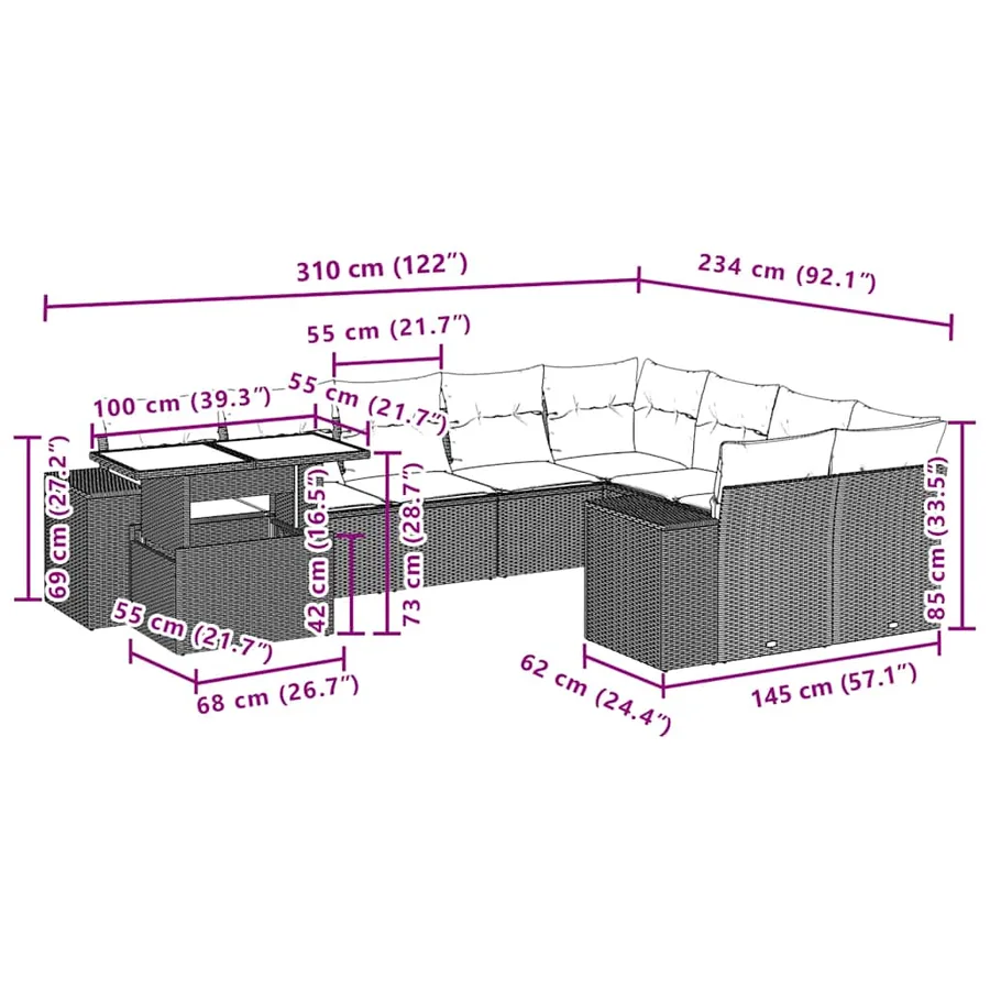 Ensemble de canapé de jardin 10 pcs avec coussins gris résine tressée - 10