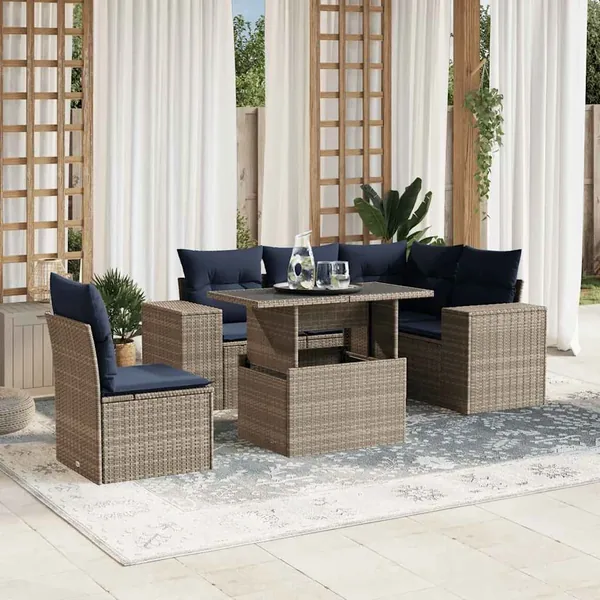 Ensemble de canapé de jardin 6 pcs avec coussins gris résine tressée