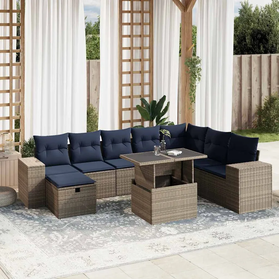 Ensemble de canapé de jardin 9 pcs avec coussins gris résine tressée