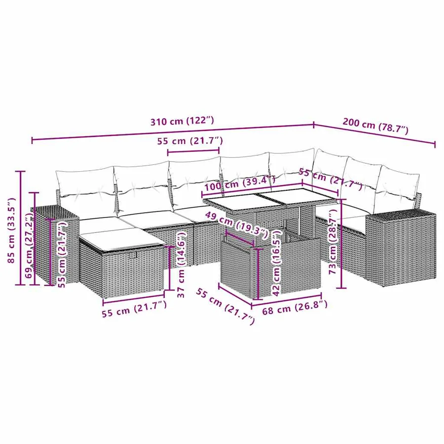 Ensemble de canapé de jardin 9 pcs avec coussins gris résine tressée - 13