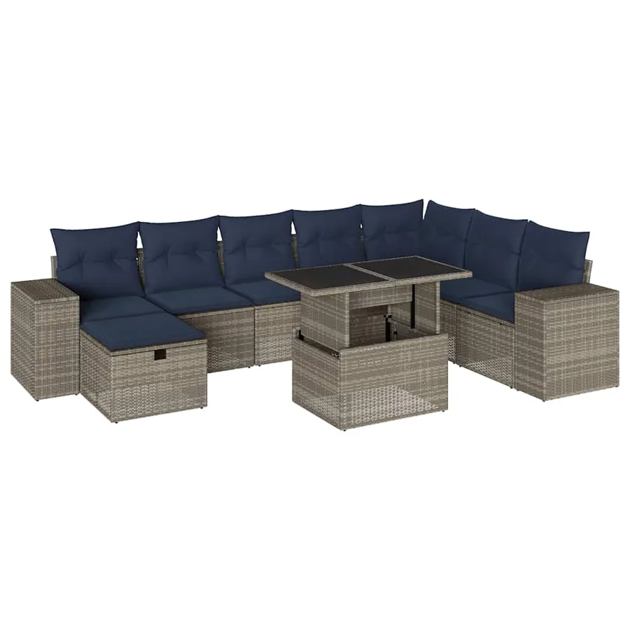 Ensemble de canapé de jardin 9 pcs avec coussins gris résine tressée - 2