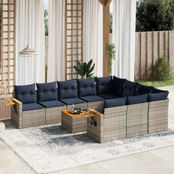 Salon de jardin 11 pcs avec coussins gris résine tressée