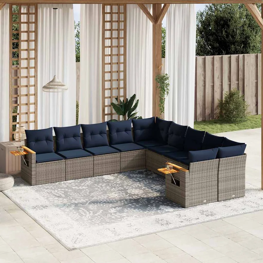 Salon de jardin 10 pcs avec coussins gris résine tressée