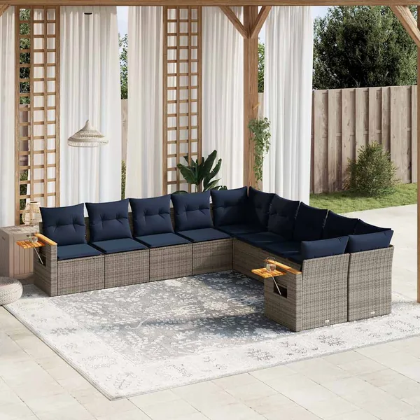 Salon de jardin 10 pcs avec coussins gris résine tressée