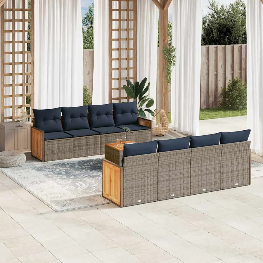 Ensemble de canapé de jardin 9 pcs avec coussins gris résine tressée
