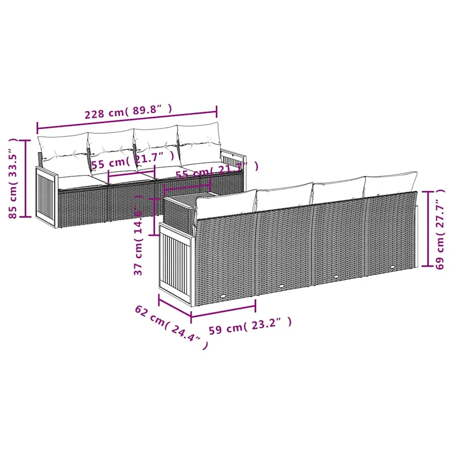 Ensemble de canapé de jardin 9 pcs avec coussins gris résine tressée - 7