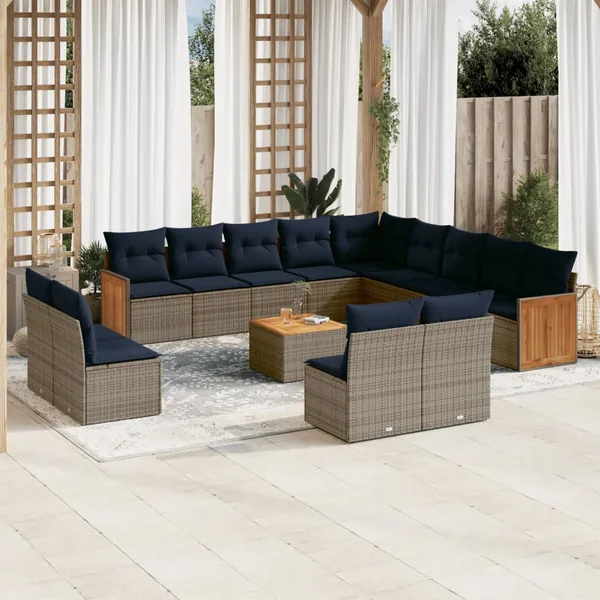 Ensemble de canapé de jardin 14 pcs avec coussins gris résine tressée