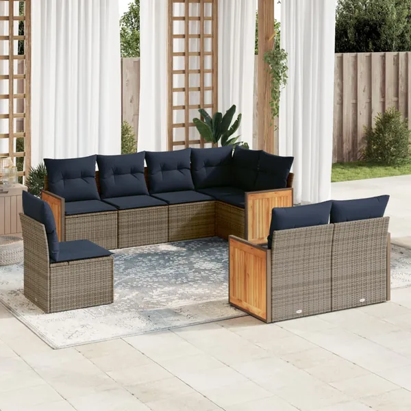 Ensemble de canapé de jardin 8 pcs avec coussins gris résine tressée