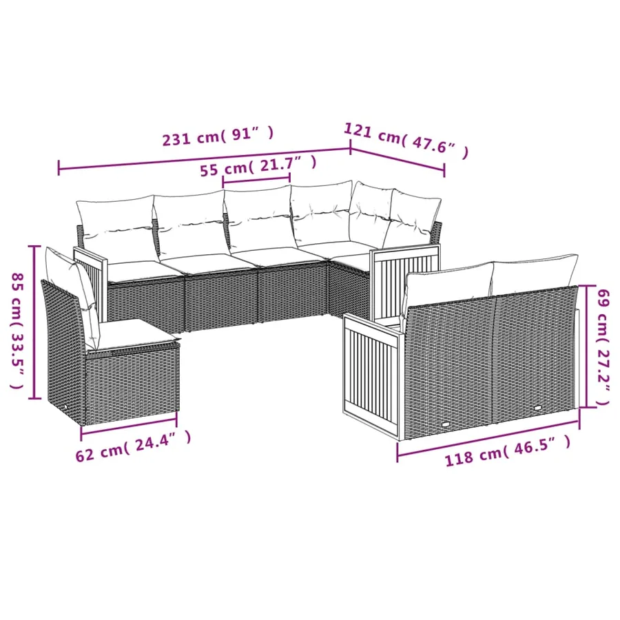 Ensemble de canapé de jardin 8 pcs avec coussins gris résine tressée - 7